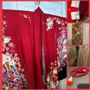 Japanese furisode kimono, red silk, 174.5 cm/68.7in and obi (fukuro), obijime